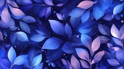 Wall Mural - Pattern of glowing blue and purple leaves in artistic style