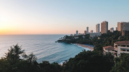 Canvas Print - Coastal city skyline during early morning hours with calm sea