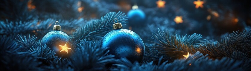 Poster - Festive christmas tree decorated with blue ornaments and small stars