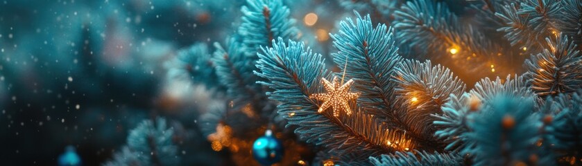 Poster - Christmas tree branches adorned with star ornament and string lights