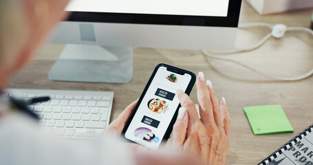 Aufkleber - Phone screen, food delivery and hands of person in office for lunch, dinner and meal at work. Professional, online shopping and worker on smartphone for website ui, menu and takeaway choice on app