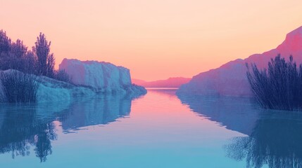 Poster - Serene landscape featuring water mountains vegetation and pastel sky
