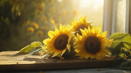 Wall Mural - Sunflowers on Wooden Board Basking in Warm Sunlight