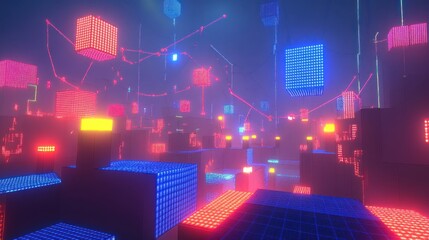 Poster - Abstract cityscape is illuminated with neon lights and geometric shapes