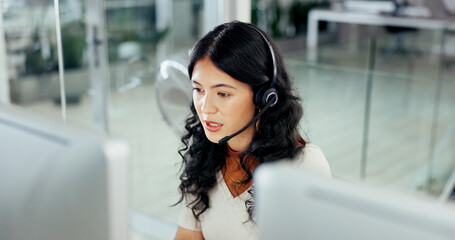 Aufkleber - Call center, headset and business woman for customer support, online service and consulting agent. Crm operator, contact us and female worker with conversation for telemarketing, networking and sales