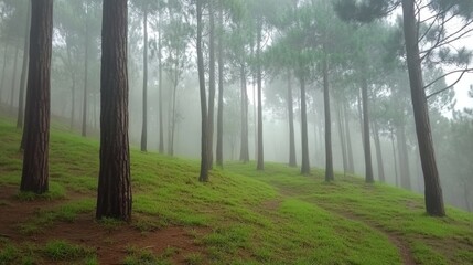 Aufkleber - Foggy forest with tall trees on grassy hillside