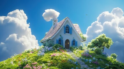 Poster - Quaint cottage nestled on a flower filled grassy hilltop