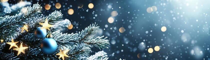 Poster - Decorated christmas tree branch with blue ornaments and stars