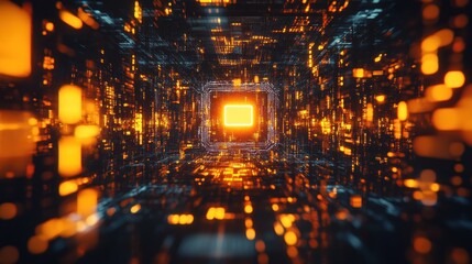 Poster - A futuristic tunnel glows with bright orange and blue lights