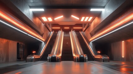 Poster - Futuristic subway station with glowing escalators and concrete walls
