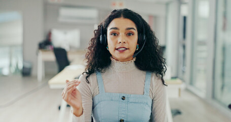 Aufkleber - Call center, explanation and portrait of woman for customer support, online service and consulting video pov. Crm business, contact us and face of female worker with smile for telemarketing advice
