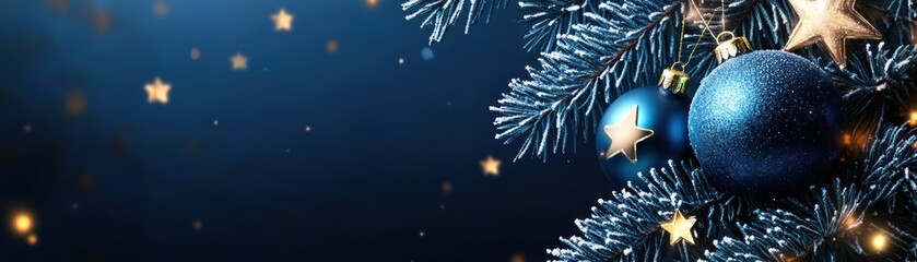 Poster - Festive christmas tree branches decorated with blue balls and stars
