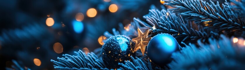 Poster - Close up of adorned christmas tree branch with lights and ornaments