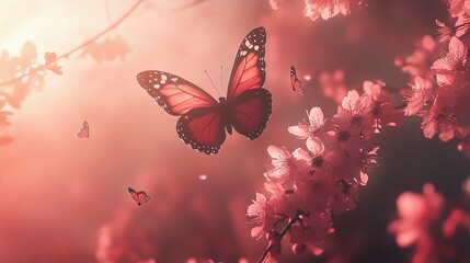 Wall Mural - Beautiful Spring Sakura Blossoms with Fluttering Butterflies