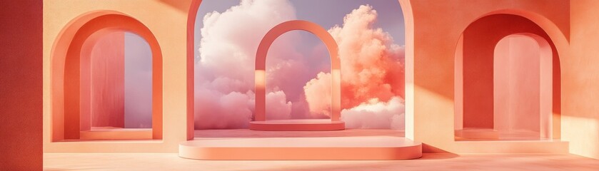 Poster - Peach architecture with clouds and arches creates a dreamlike scene