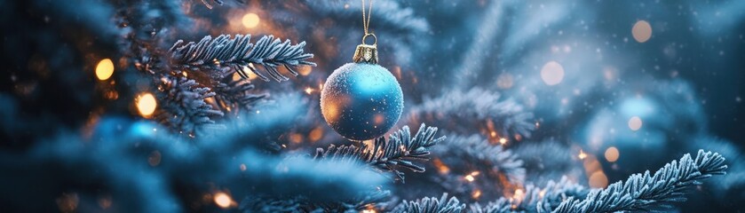 Poster - Blue christmas ornament hangs on snow covered evergreen branch
