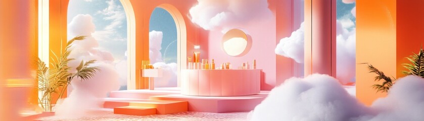 Aufkleber - Dreamy architectural space showcases beauty products among clouds and sky