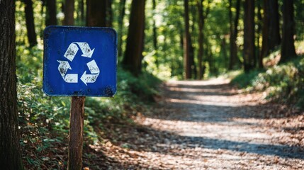 Wall Mural - Blue recycling sign stands along a forest path