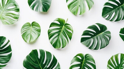 Poster - Monstera leaves arranged against a white background in a pattern