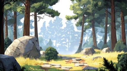 Poster - A serene forest scene showcasing a path through tall trees