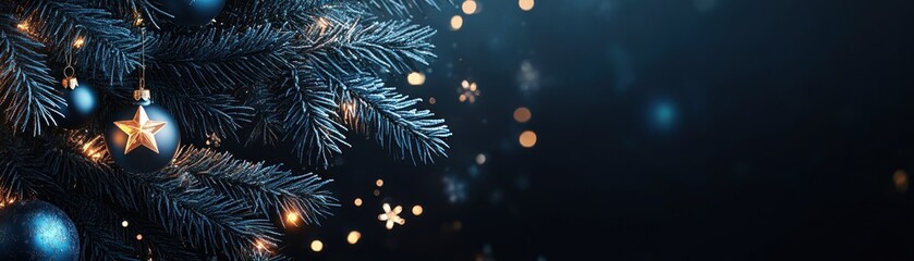 Aufkleber - Christmas tree branches adorned with blue ornaments and string lights