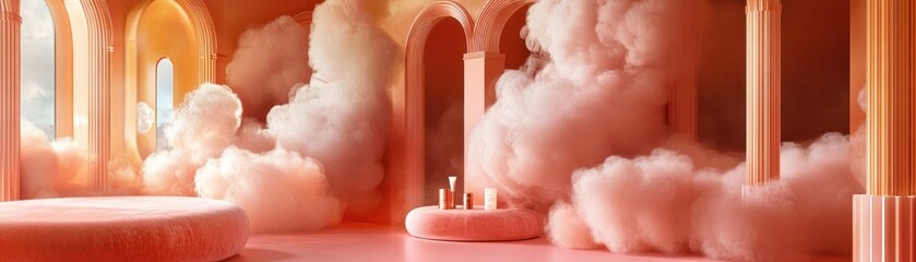 Poster - Dreamy pink architecture filled with fluffy clouds and display products