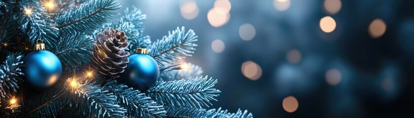 Aufkleber - Decorated christmas tree branch with blue ornaments and string lights