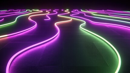 Poster - Neon lines glow brightly against the dark reflective surface