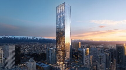 Poster - Tall skyscraper with glass facade dominates the cityscape at dusk