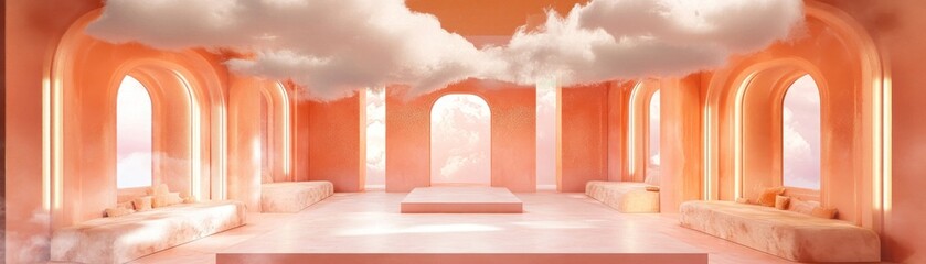 Poster - Dreamy orange room with clouds and archways evokes tranquility