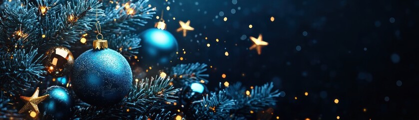 Aufkleber - Festive christmas tree decorated with blue ornaments and lights