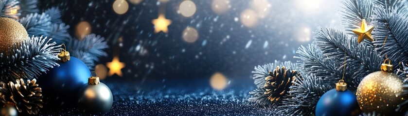 Poster - Festive christmas ornaments and snowy pine branches create a seasonal scene