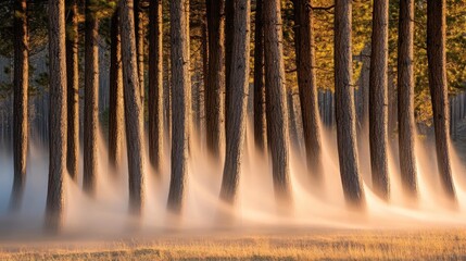 Poster - Trees stand tall in misty forest bathed in warm light