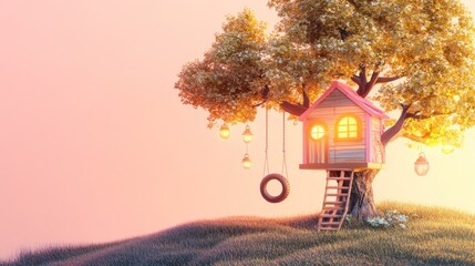 Poster - Charming pink treehouse nestled amongst golden leaves at sunset