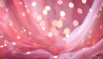 Poster - soft pink fabric background with warm fairy lights bokeh, romantic decoration for dreamy celebrations and design elements

