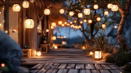 Poster - Glowing lanterns illuminate a rustic pathway leading to a building