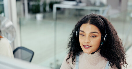 Poster - Sales, talking and woman with headset, computer and consulting for telemarketing on website and helping. Call centre, communication and person with microphone for customer service, happy and office