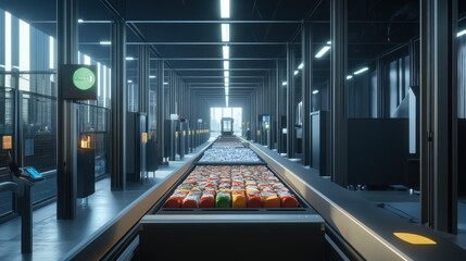 Aufkleber - Automated food sorting and packaging in a futuristic factory