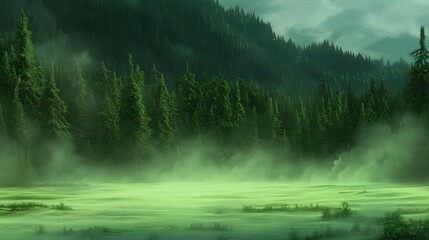 Aufkleber - Forest and swamp landscape shrouded in misty fog and clouds