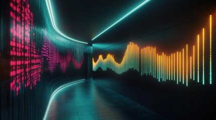 Poster - Illuminated corridor displaying digital sound wave representations on walls
