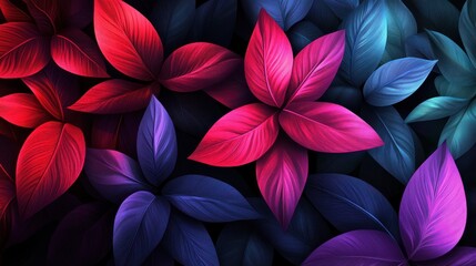 Wall Mural - Vibrant neon leaves, floral design, dark background, website banner