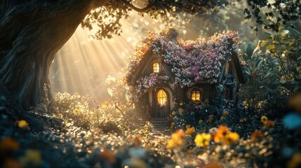 Poster - Flower covered cottage glows warmly amid a magical forest setting