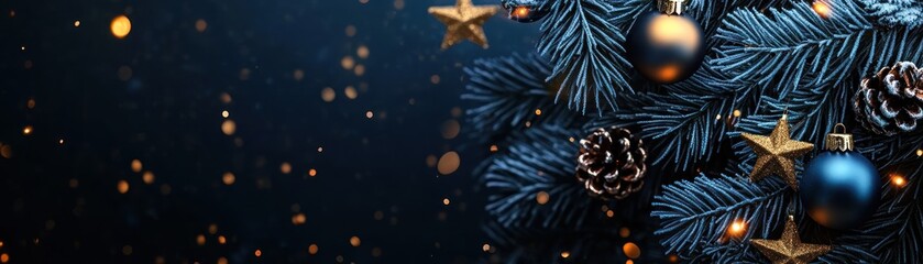 Aufkleber - Christmas tree branch decorated with ornaments and shining golden lights