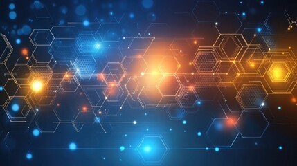 Poster - Abstract technological network features interconnected hexagons and glowing nodes