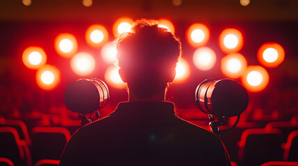 Poster - A silhouette of a person stands in front of bright stage lights, suggesting a moment of anticipation or creativity in a performance setting