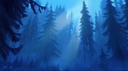 Poster - Deep blue pine trees bathed in ethereal light filter through fog