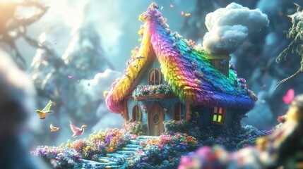 Wall Mural - Whimsical fairytale house with rainbow roof and blooming flowers