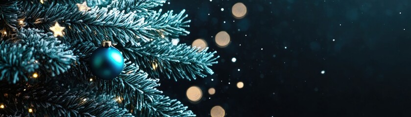 Poster - Christmas tree branch decorated with a blue ornament and lights