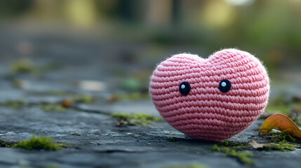 Poster - A cute, crocheted pink heart with black buttons sits on a stone path, surrounded by greenery, evoking warmth and affection