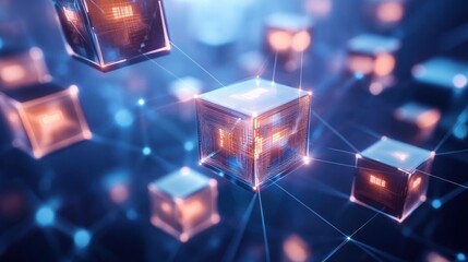 Poster - Futuristic digital cubes connected with blue lines in network